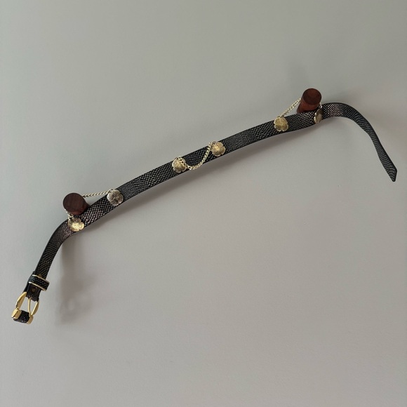 LEATHEROCK LEATHER BLACK & METALLIC SNAKESKIN PRINT CHAIN BELT GOLD HARDWARE - Picture 6 of 12